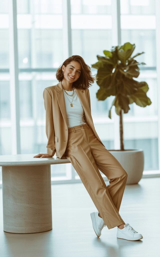 Full-body shot in a bright modern loft with large windows and soft natural light. The model wears a beige tailored suit with a tucked-in white tee, layered gold necklaces, and white sneakers. Hair styled in effortless waves. She leans casually against a table, relaxed and cool, smiling at the camera.