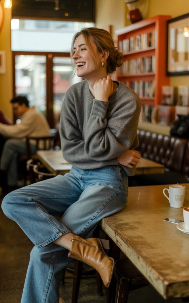 Full-body shot in a cozy coffee shop with warm indoor lighting. The model wears straight-leg medium-wash jeans with a gray cashmere sweater tucked in at the front, and ankle boots. Her hair is styled in a soft messy bun. She sits at a wooden table with one leg crossed, laughing mid-conversation.