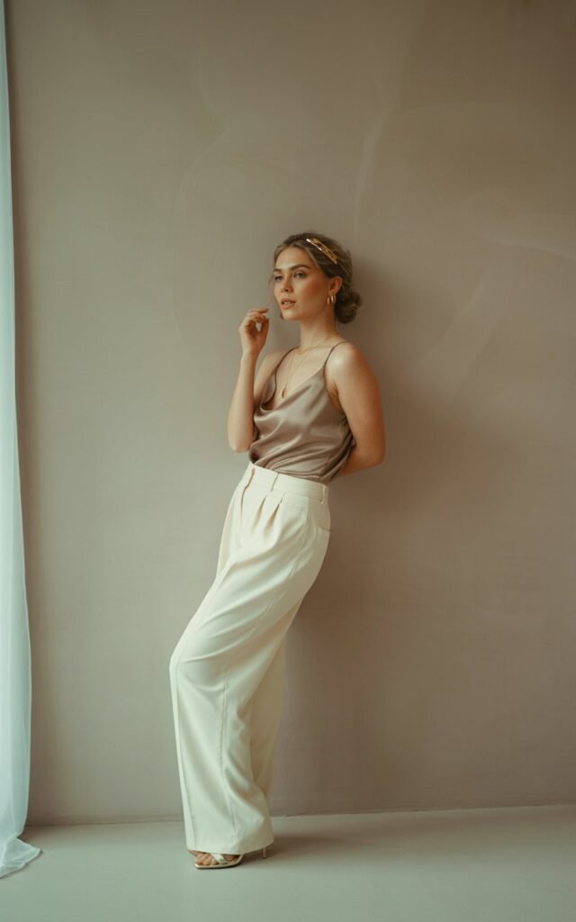 Full-body shot in a minimalist studio with soft natural window light. The model wears high-waisted ivory wide-leg trousers with a champagne satin camisole tucked in. She pairs the look with delicate heels and gold jewelry. Hair styled in a soft, effortless bun. She leans slightly against a wall, graceful expression.