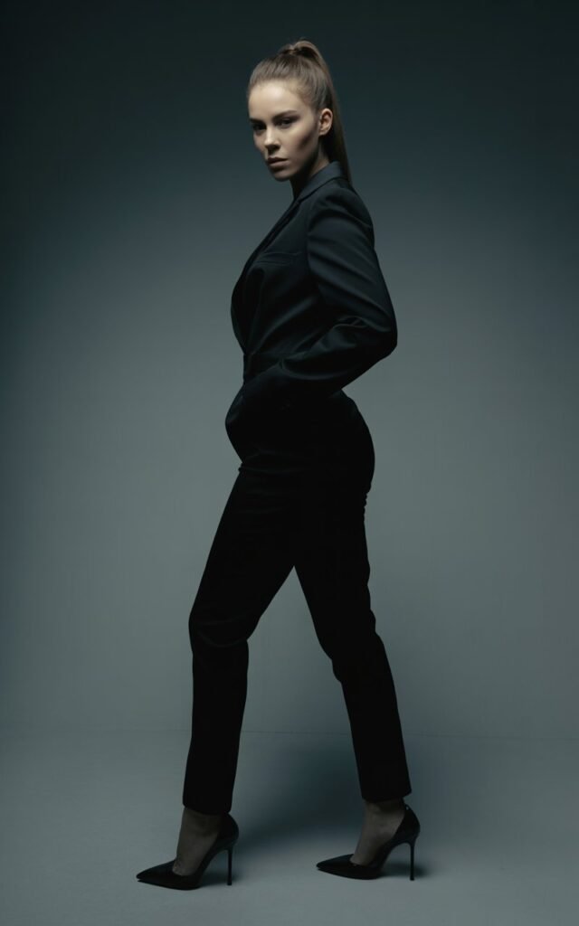 Full-body shot in a modern indoor studio with soft directional lighting. The model wears a tailored black jumpsuit cinched at the waist with stiletto heels. Her hair is slicked back into a high ponytail. She stands tall, arms at her sides, projecting power and elegance.