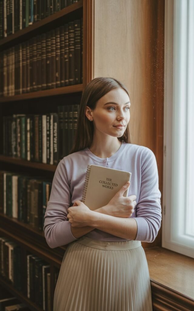 Full-body shot of a brunette with sleek straight hair in a beige pleated midi skirt, pastel fitted cardigan buttoned up, and ballet flats. The backdrop is a quiet library corner with soft window light streaming in. She’s standing by a tall bookshelf, head slightly tilted, holding a notebook close to her chest, giving off studious charm.