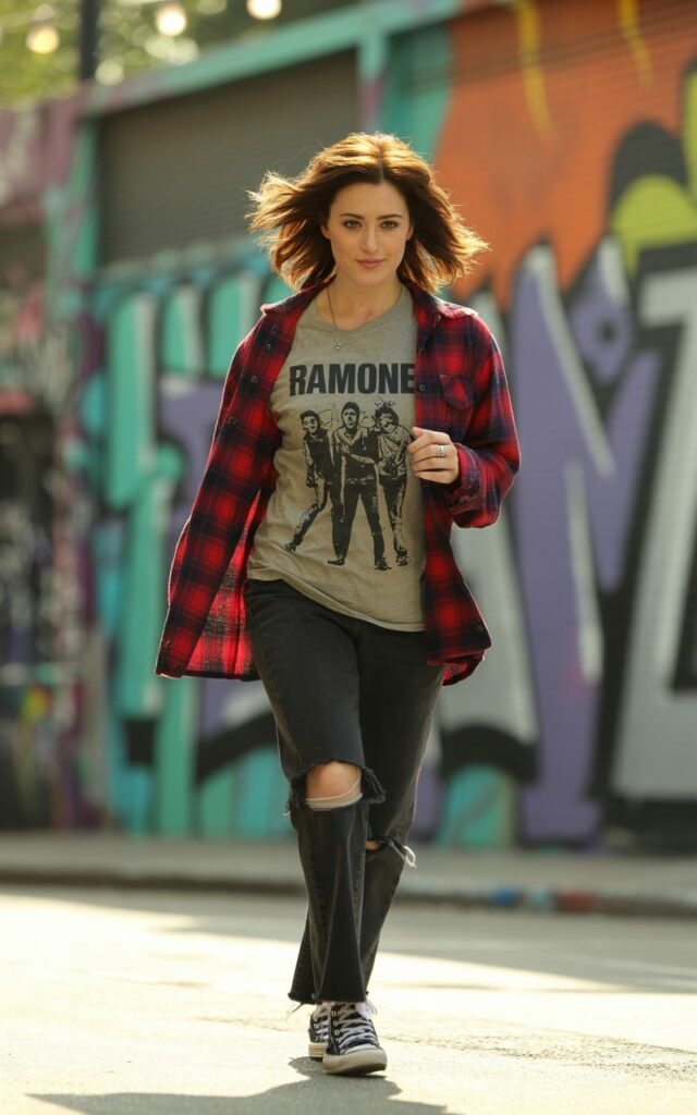 Full-body shot of a fit, white-skinned female with tousled brunette hair, standing on an urban street with graffiti walls. She wears a loose red plaid flannel over a vintage band tee and ripped black jeans, paired with worn-in black Converse. Natural daylight with soft shadows. She walks forward casually, smirking slightly, hair moving with the breeze.