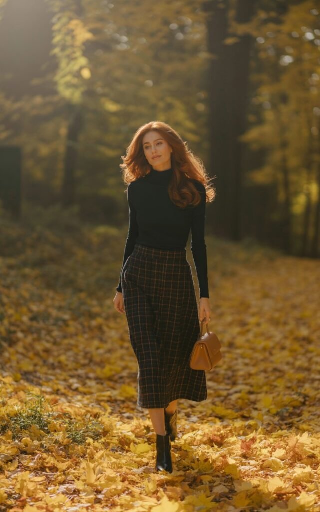 Full-body shot of a model in autumnal outdoor scenery with golden leaves. She wears a fitted black turtleneck tucked into a plaid midi skirt, with ankle boots. Her hair is loose, falling naturally over her shoulders. She walks casually, holding a small handbag, with a soft, warm smile.