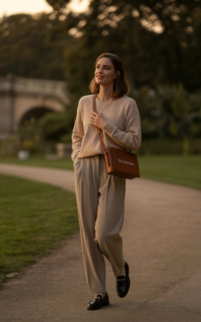 Full-body shot of a model walking in a quiet park at golden hour. She wears a soft beige knit sweater tucked into high-waisted pleated trousers and leather loafers. A small leather satchel hangs at her side. Her hair is shoulder-length and natural, and she’s smiling casually while walking.