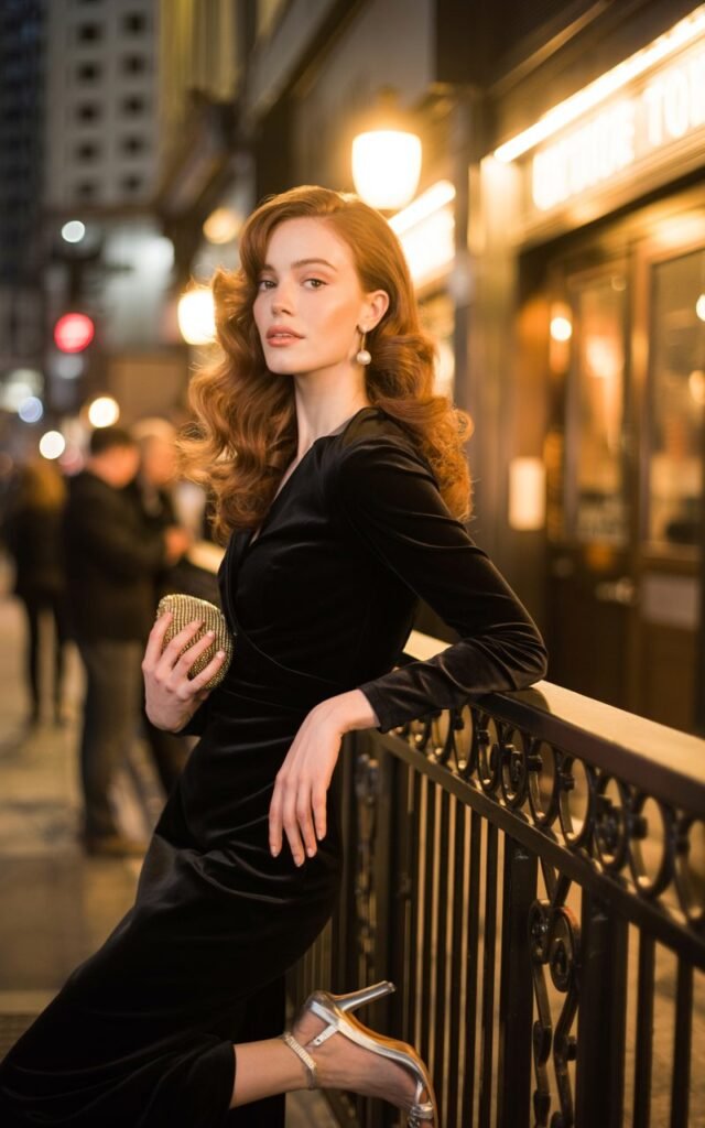 Full-body shot of a model with glossy waves in her hair, standing outside a dimly lit cocktail bar under glowing street lamps. She wears a fitted black dress with delicate pearl earrings and strappy heels. Her expression is soft but self-assured. She leans slightly against a railing, one hand holding a clutch.