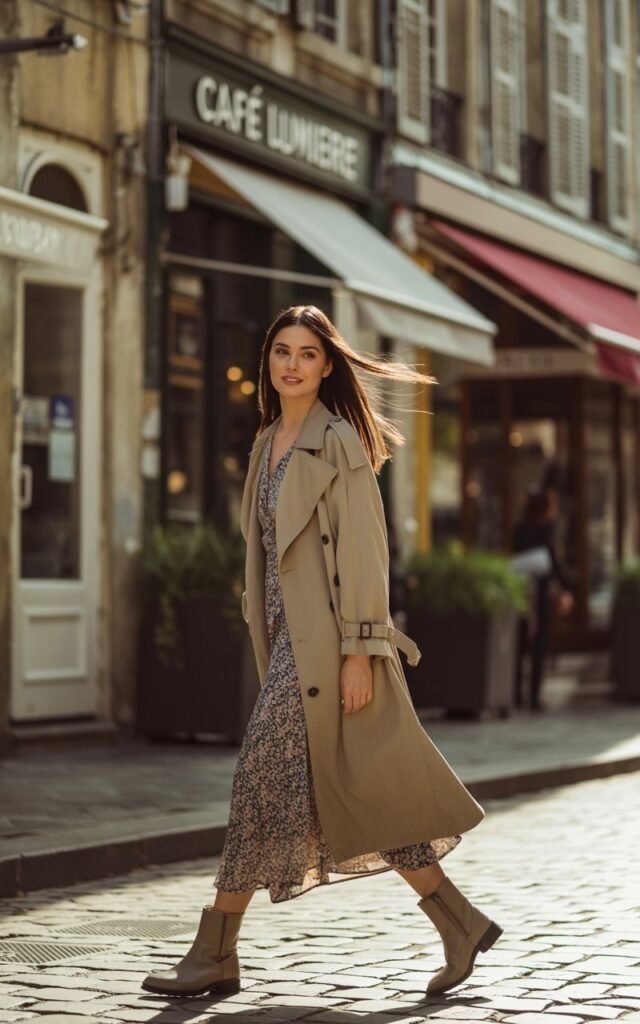 Full-body shot of a model with straight hair blowing lightly in the breeze, walking along a cobblestone street lined with old buildings. She wears a beige trench coat draped over a floral midi dress and ankle boots. Natural daylight illuminates her soft, candid smile.