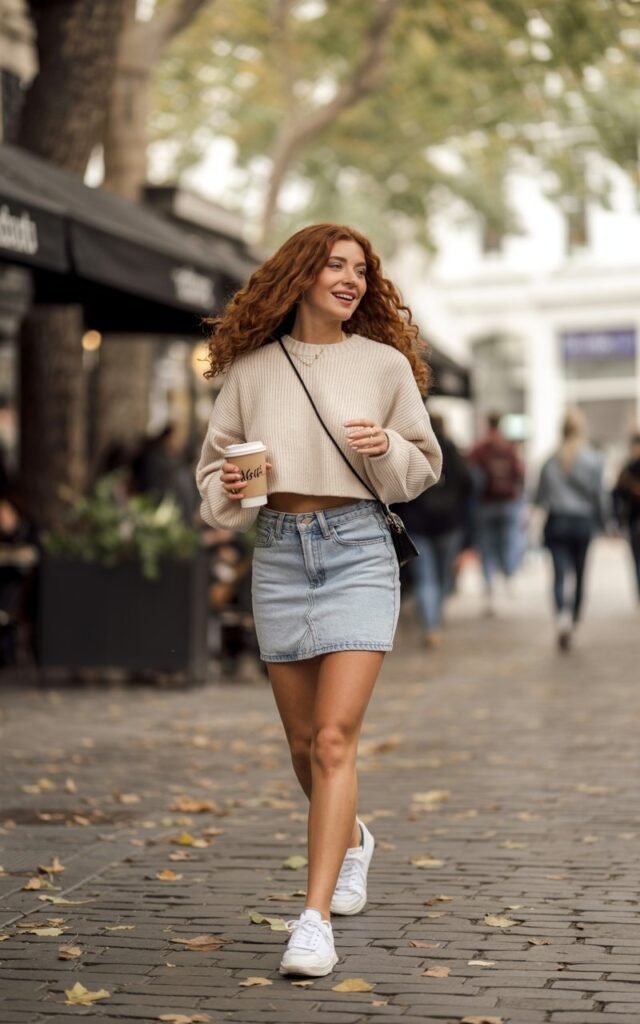 Full-body shot of a white-skinned female model with long wavy chestnut hair, wearing a light-wash denim mini skirt, cream cropped knit sweater, and white sneakers. She’s walking down a lively urban street café strip with autumn leaves scattered on the ground. Natural daylight filters through trees, giving a cozy vibe. She smiles softly, mid-step, holding a coffee cup in one hand and a crossbody bag slung across her.
