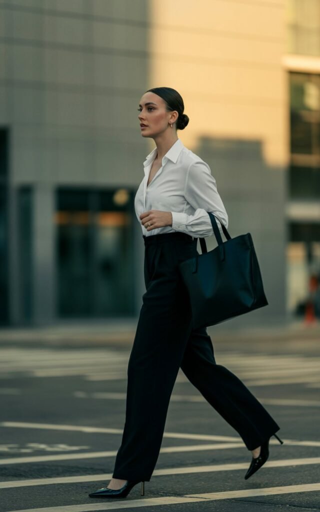 Full-body shot of a white-skinned female model with sharp features, sleek low bun, and minimal makeup, standing on a modern city street at golden hour. She wears a crisp white button-up tucked into tailored black trousers with pointed black heels. A structured tote hangs from her arm. She poses mid-step, looking confidently forward with strong posture.
