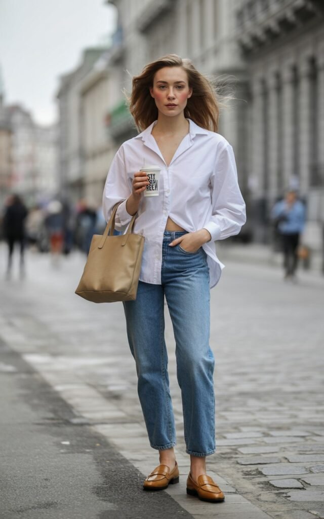 Full-body shot of a white-skinned female model with sharp features, wearing a crisp oversized white button-down half-tucked into vintage blue straight-leg jeans, styled with leather loafers and a structured tote bag. She stands casually on a cobblestone city street, one hand in her pocket, the other holding iced coffee. Natural daylight, slightly overcast. Her hair flows naturally in soft waves, makeup minimal with a fresh glow, expression confident yet relaxed.