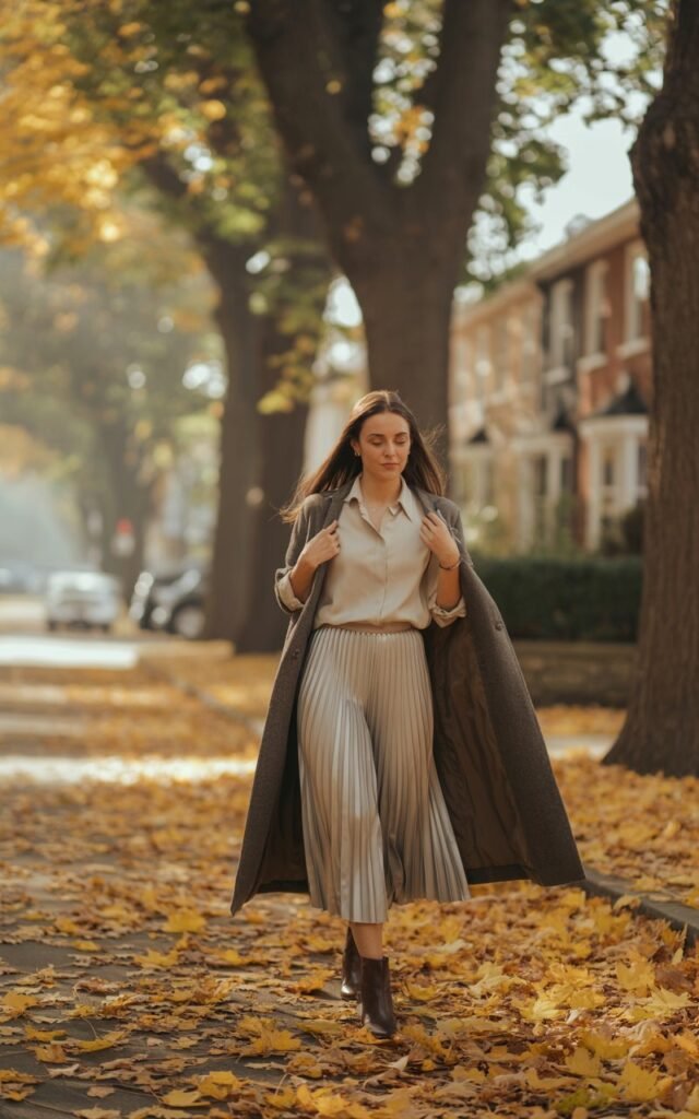 Full-body shot on a quiet residential street with autumn leaves. The model wears a cream blouse tucked into a pleated midi skirt, with a longline cardigan draped over and ankle boots. Hair is long and straight, slightly windblown. She stands mid-step, one hand lightly brushing the cardigan.
