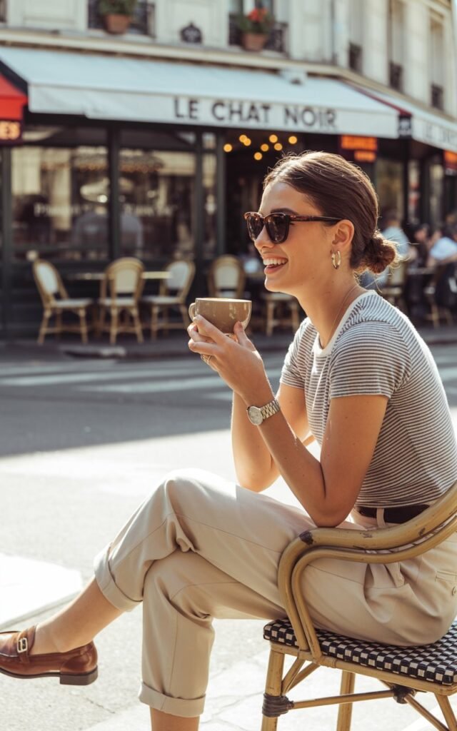 Full-body shot on a sunny Parisian street corner café. The model wears beige chinos rolled at the ankle, a fitted striped tee, classic brown loafers, and cat-eye sunglasses. Her hair is tied in a relaxed bun. She’s seated outdoors sipping coffee, candidly smiling.