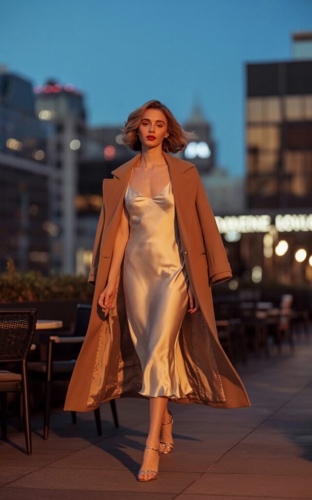 Full-body shot outside a city rooftop lounge at twilight. The model wears a silky champagne slip dress with a tailored camel coat over her shoulders and strappy heels. Hair styled in soft waves, bold red lip. She walks forward confidently with the skyline glowing behind her.