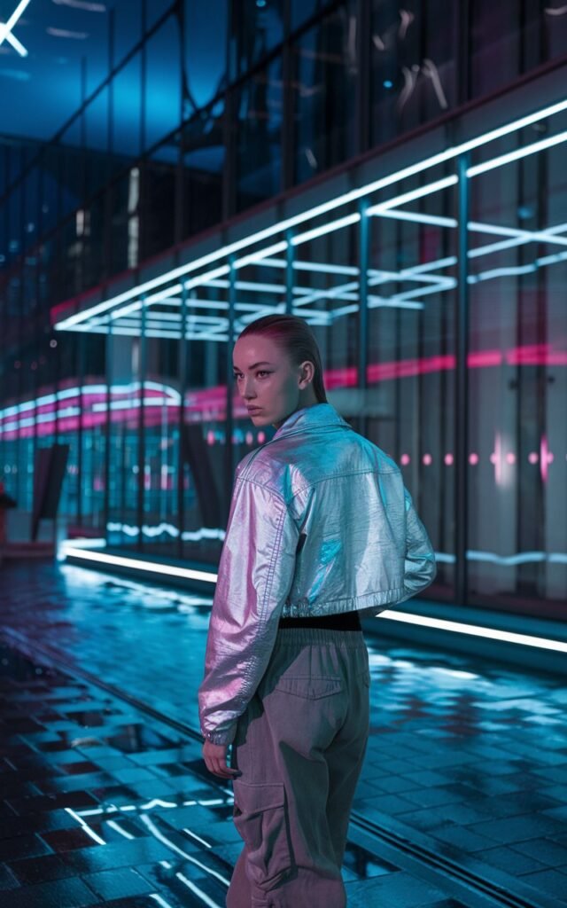 Futuristic Berlin street scene at night, neon reflections on wet pavement, model with slicked-back hair wearing a silver metallic cropped jacket and olive cargo pants, dramatic contrast lighting with electric blue and magenta tones.