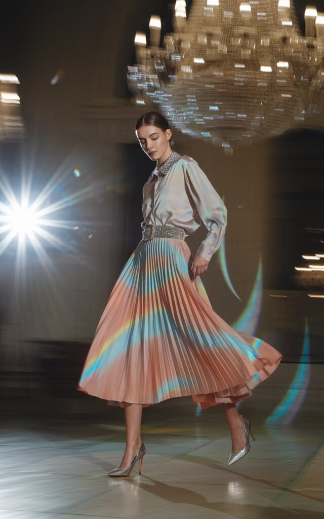 Glamorous indoor shoot in a crystal-chandelier ballroom, model wearing a pastel pleated skirt with a sparkling rhinestone belt, silk blouse tucked in, stiletto heels, dramatic spotlight creating shimmer and sparkle.