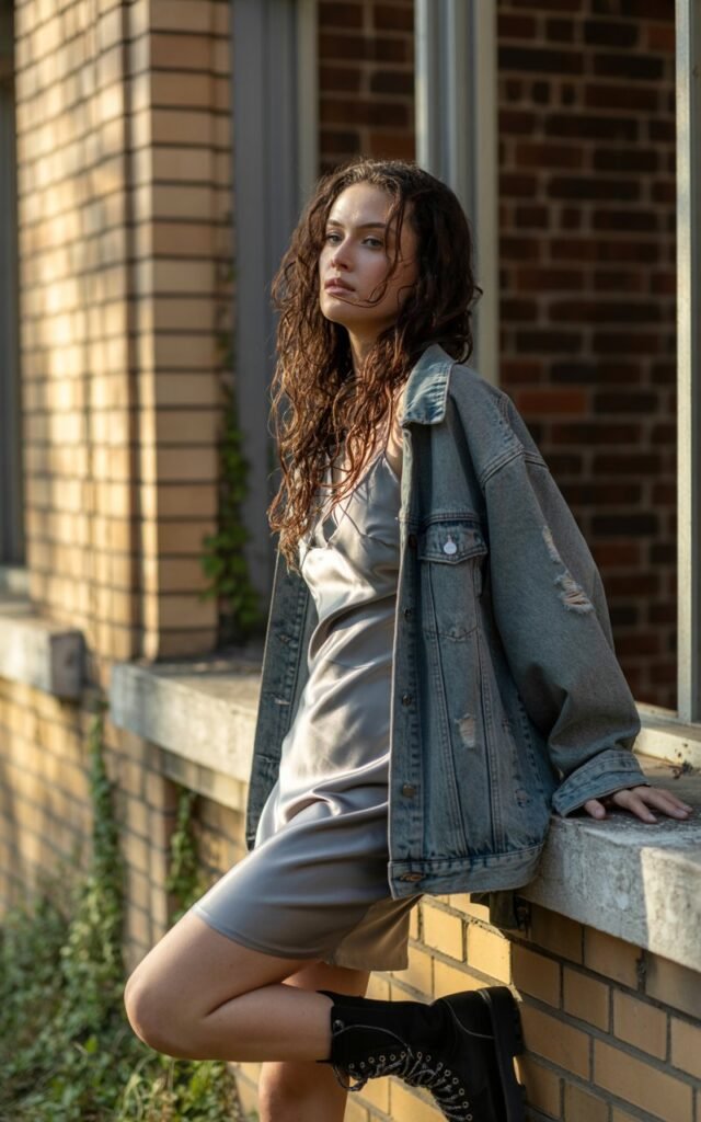 Golden hour outdoor shot near an abandoned building. Brunette model with long wavy hair wears a silky silver slip dress layered with a distressed oversized denim jacket and chunky combat boots. Light catches the satin fabric, adding contrast. She leans against a wall, looking off-camera with a cool, effortless vibe.