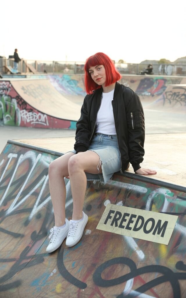 Graffiti-covered skate park. Redhead with straight bob haircut wears a black bomber jacket over a ripped light-wash denim skirt and white tee, paired with sneakers. She sits on the edge of a skateboard ramp, one knee up, expression candid and effortless.