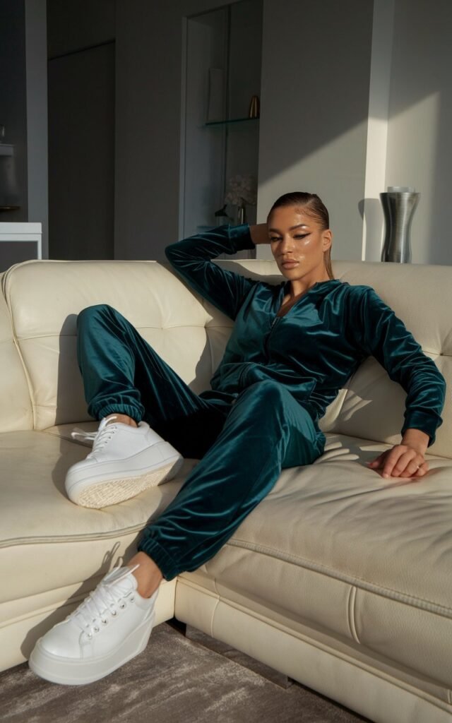 High-fashion athleisure editorial in a sleek Milan apartment, model lounging on a white leather sofa in a deep emerald velour tracksuit and white platform sneakers, glossy hair and glowing makeup, minimalist modern décor with soft natural morning light.