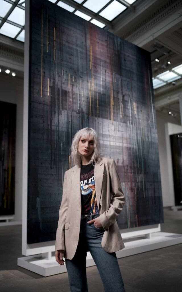 In a Parisian art gallery with dramatic natural light and whitewashed walls, a platinum blonde model stands in front of a massive abstract canvas. She wears a tailored beige blazer over a quirky graphic tee and high-end denim. The scene is smart, artsy, and editorial-ready.