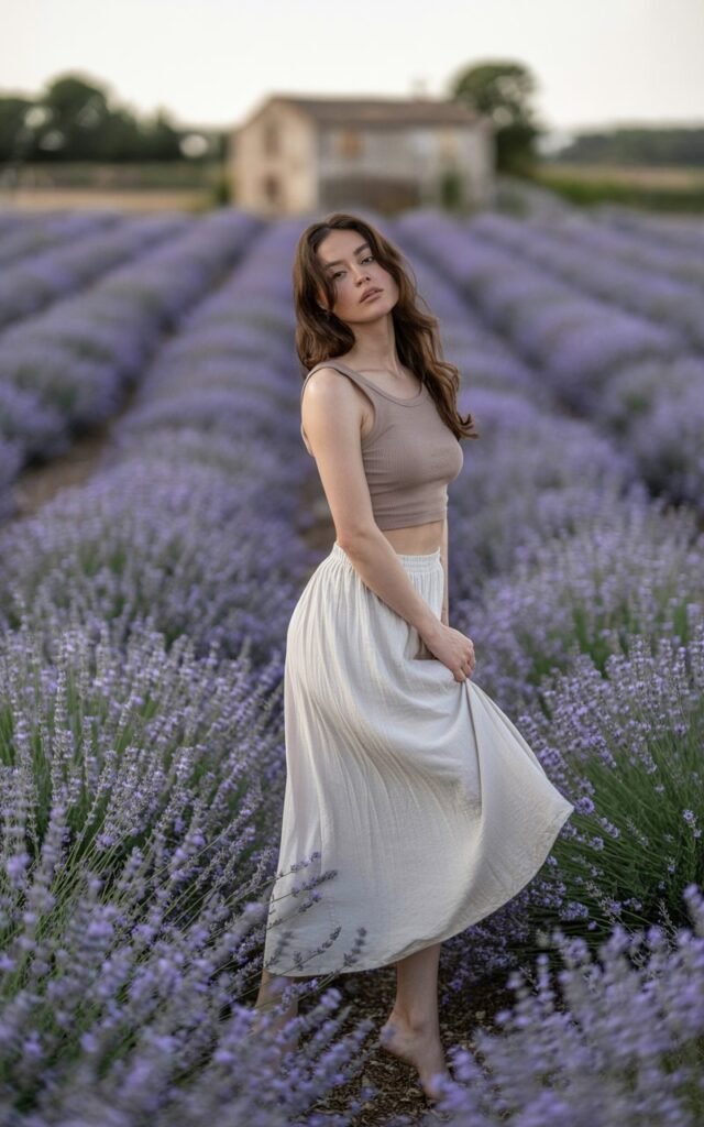 In a blooming lavender field in Provence, a willowy brunette model stands barefoot, wearing a soft taupe ribbed crop top and flowing ivory maxi skirt. The lavender sways around her in soft purple waves under a dreamy sunset. The look is ethereal, grounded, and utterly feminine.