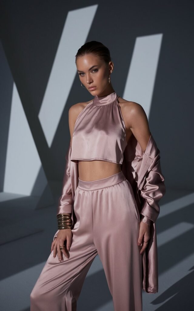 In a futuristic, all-white studio with sharp shadows and geometric backdrops, a statuesque model wears a dusty pink monochrome loungewear set. Subtle gold hoops and layered bracelets shimmer in the spotlight. The aesthetic is minimal, high-fashion, and editorially clean.