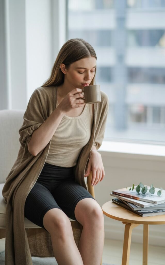 In a minimalist Scandinavian apartment filled with soft beige tones and natural wood textures, a model with delicate features sips coffee by a wide window. She's wrapped in a long, lightweight cardigan over a ribbed tank and fitted black biker shorts. The atmosphere is peaceful and effortless, evoking clean-girl luxury.