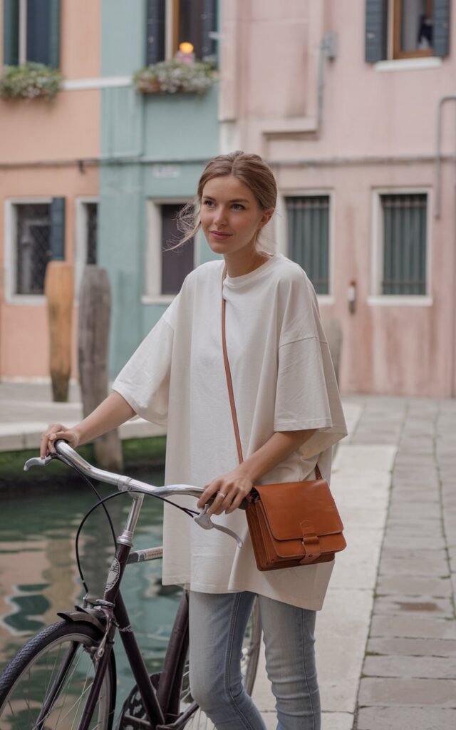 In a pastel-toned Venice canal alleyway, a soft-featured model leans on a bicycle, wearing a tucked-in oversized white tee and faded skinny jeans. Her leather crossbody hangs at her hip. Warm afternoon light reflects off the water. The atmosphere is relaxed, feminine, and charmingly cinematic.