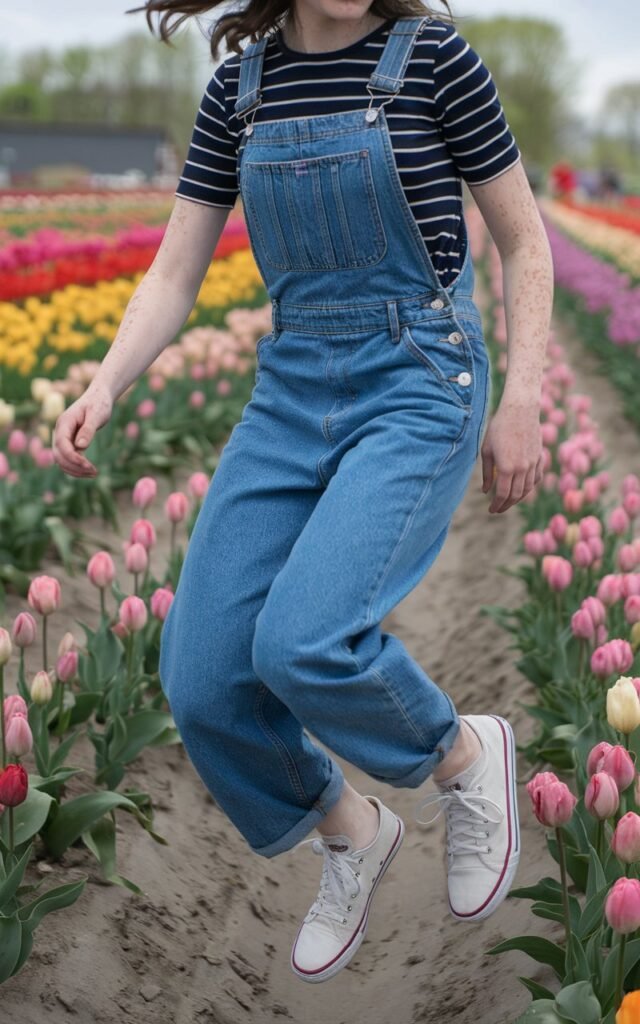 In a rural Dutch tulip field, a model with delicate freckles jumps playfully among colorful blooms. She wears classic denim overalls over a navy-striped tee with crisp white canvas sneakers. The moment is joyful and nostalgic with springtime whimsy.