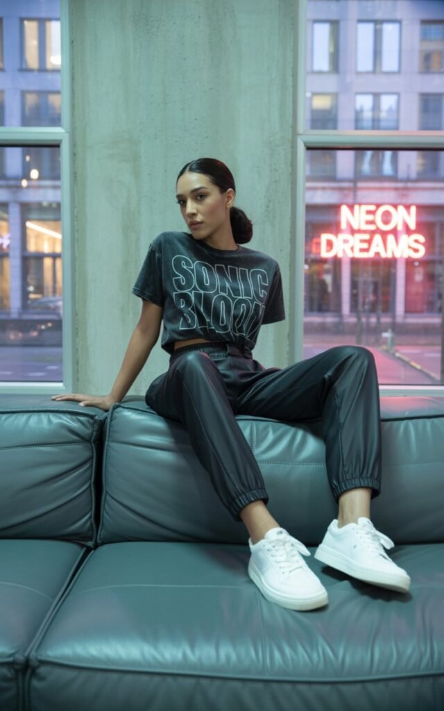 In a sleek Berlin loft with industrial concrete walls and massive windows, a tall model lounges on a designer leather couch. She wears a bold graphic band tee tucked into structured black joggers with glossy white sneakers. Neon signage reflects in the windows as dusk falls. Her vibe is cool, confident, and fashion-forward.