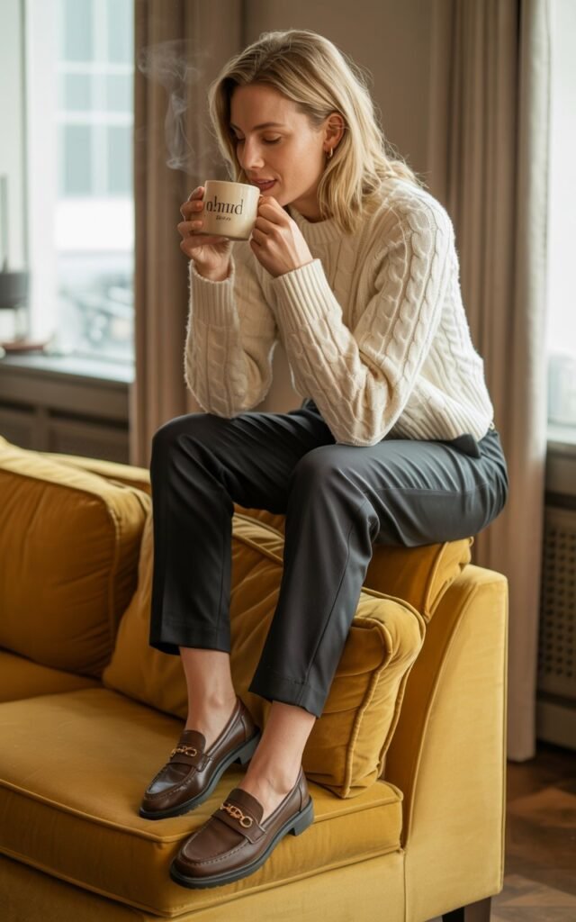 Indoor cozy apartment with soft window light. Model wears a chunky cream cable-knit sweater tucked into slim tailored black slacks, styled with loafers. Accessories gold studs. Hair down and slightly tousled. Pose sitting on edge of sofa, sipping coffee, candid natural look.