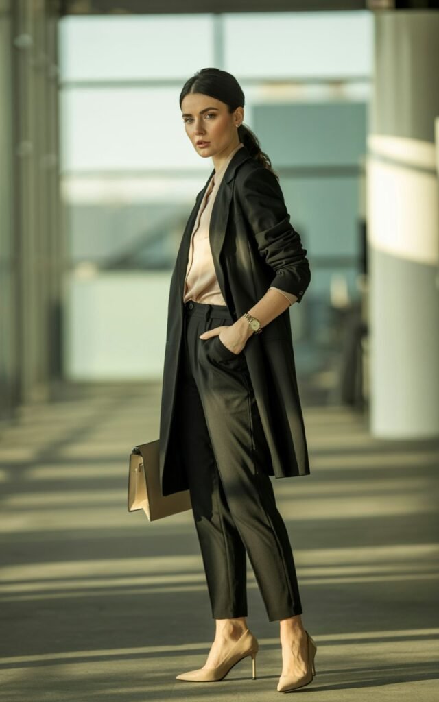 Indoor office hallway, daylight streaming through windows. Model wears a charcoal longline blazer layered over cropped tailored trousers and pointed nude pumps. Accessories structured handbag, gold watch. Hair in sleek ponytail. Pose standing confidently with one hand in pocket, expression sharp.