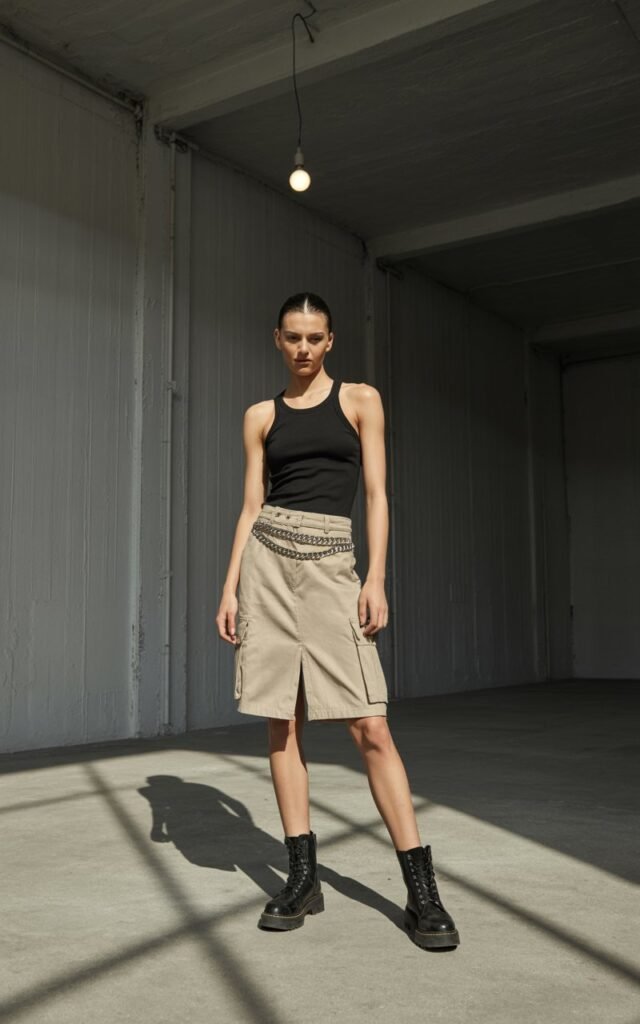 Industrial-style warehouse shoot in Warsaw, model in a beige cargo skirt with a chunky silver chain belt, fitted black tank, combat boots, harsh shadow lighting for edgy vibe.