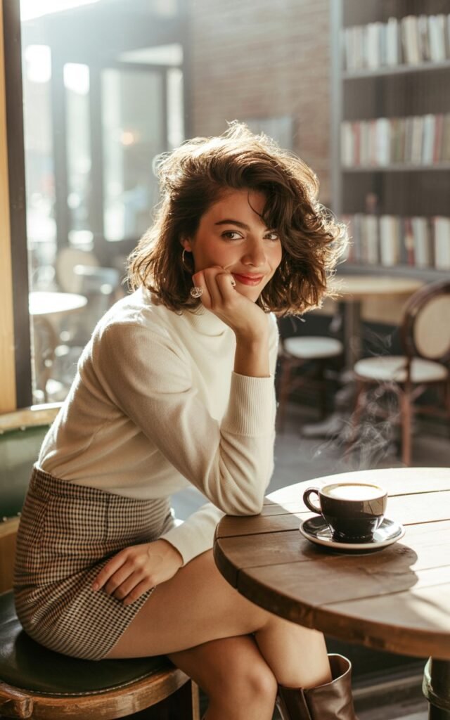 Lifestyle capture of a brunette with natural waves, wearing a classic plaid mini skirt, cream turtleneck, and ankle boots. Setting cozy café interior with warm window light streaming through. She sits at a wooden table with coffee, chin resting in one hand, giving a soft candid smile.