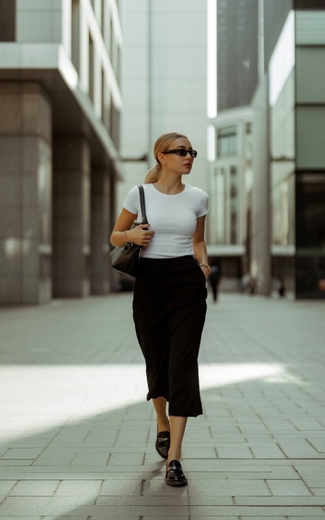 Minimal urban backdrop with clean lines, daylight. Outfit classic white fitted tee tucked into a black midi skirt, paired with black leather loafers. Accessories structured satchel, sunglasses. Hair in sleek ponytail. Pose walking with bag in hand, neutral expression.