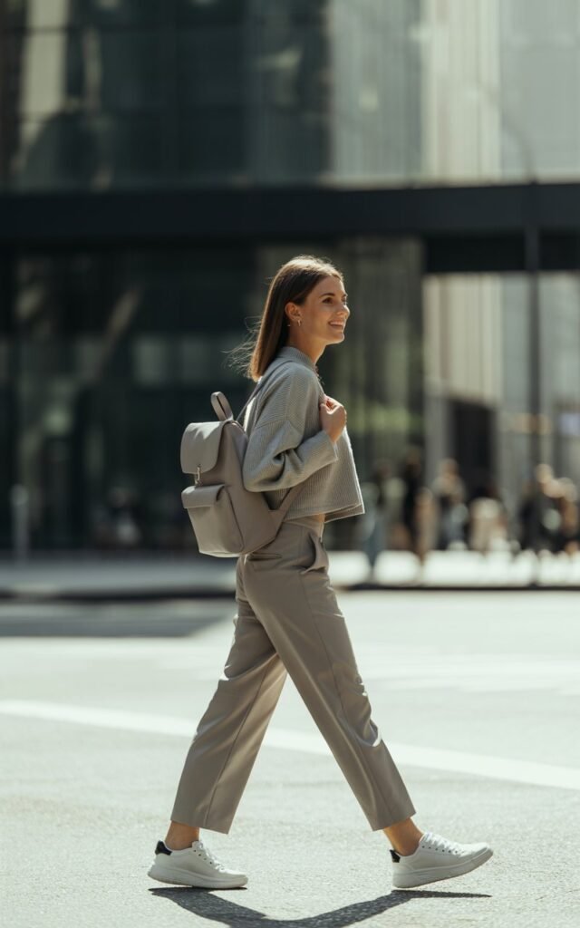 Minimalist modern street with natural daylight. Model wears a monochrome outfit in light grey tones—boxy cropped sweater and tailored trousers—styled with sleek white sneakers. Accessories simple leather backpack. Hair straight and tucked behind ear. Pose mid-walk, relaxed confidence, candid smile.