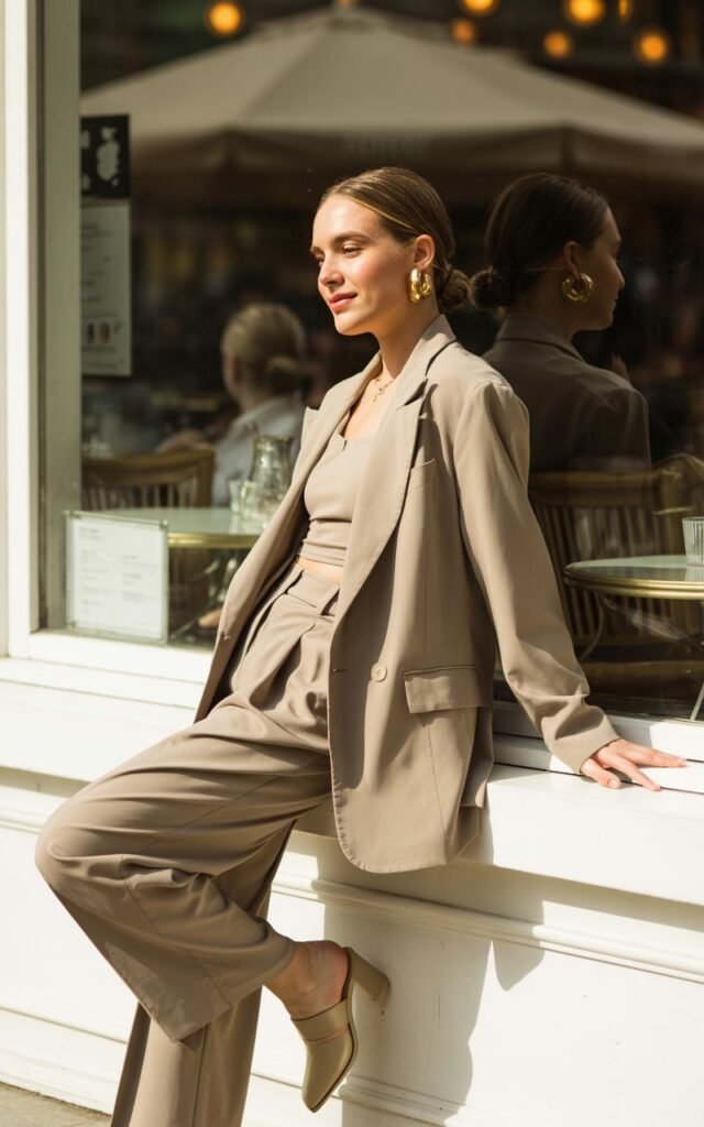 Model leaning against a café window outdoors during daylight. She wears a monochrome beige outfit oversized blazer, wide trousers, and a simple top in matching tones, styled with chunky gold hoops. Footwear sleek beige mules. Her hair is parted in the middle and tied into a low bun. Expression soft and confident, candid smile as she looks sideways.
