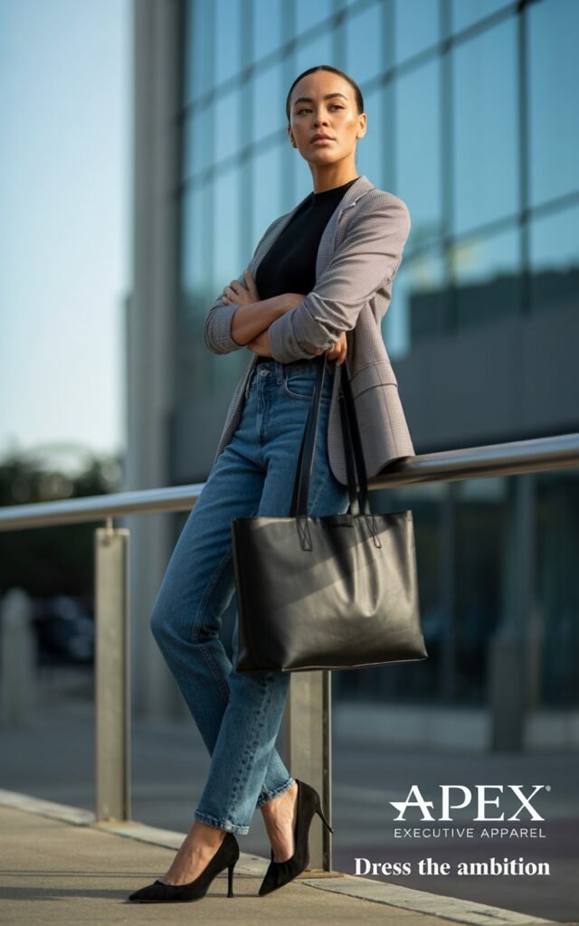 Model standing near modern glass office building in soft afternoon daylight. Outfit fitted black bodysuit tucked into blue straight jeans, topped with a structured grey blazer. Accessories pointed black heels, sleek leather tote. Hair polished bun. Pose leaning against railing, arms crossed, expression strong and professional.