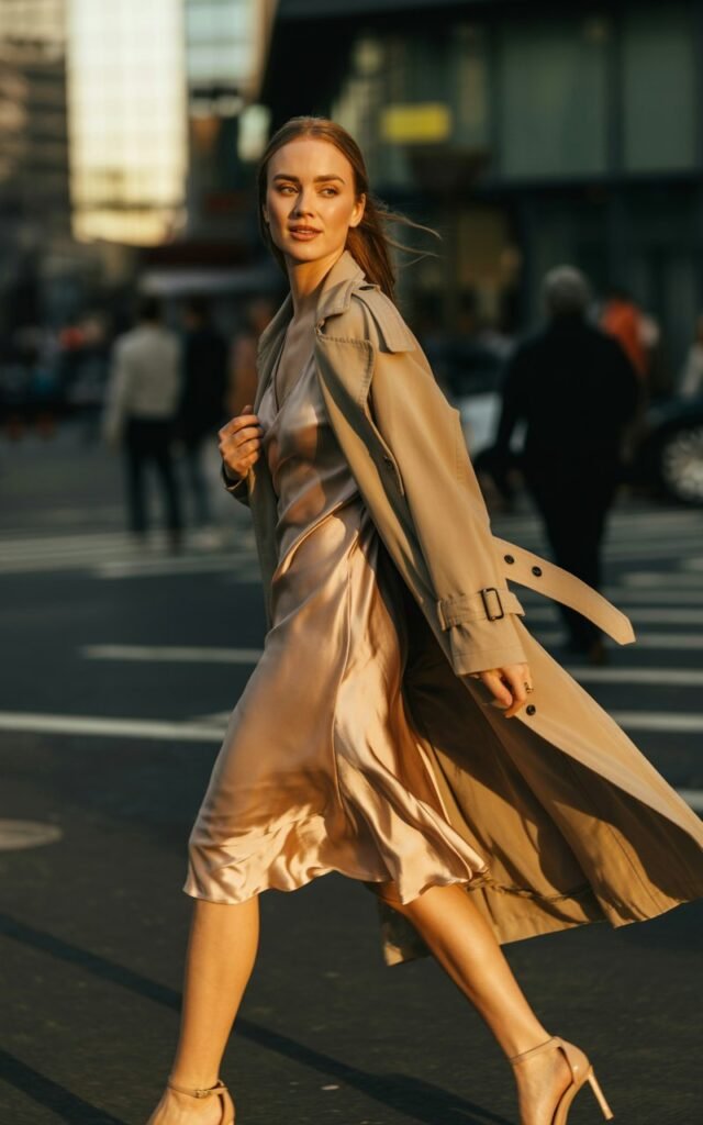 Model walking down a modern urban street at golden hour, wearing a beige trench coat draped over a silky champagne slip dress with nude ankle-strap heels. She holds the coat belt loosely, looking over her shoulder with a subtle smile. Her hair is styled sleek and straight, catching the light. Skin texture visible with natural makeup. The golden sunlight highlights the satin dress texture.