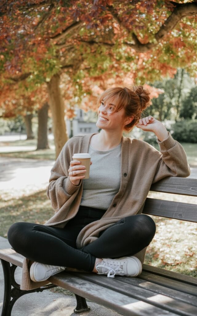 Model with auburn hair in a messy bun, lounging on a park bench under autumn trees. Wearing a beige oversized cardigan layered over a gray tee with black leggings and white sneakers. A knit beanie and coffee cup in hand complete the look. She sits cross-legged, playful expression, cardigan draping casually.