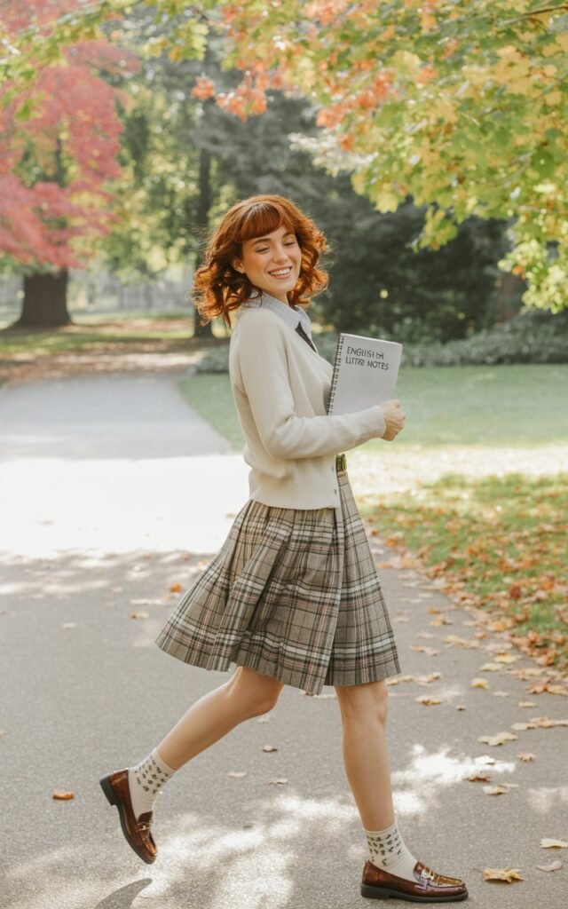 Model with auburn hair in soft curls, dressed in a plaid pleated skirt, fitted cream cardigan, and loafers with ankle socks. Shot in a quiet park with autumn leaves, natural daylight. She’s mid-step on a pathway, smiling playfully, holding a notebook like a student rushing to class.