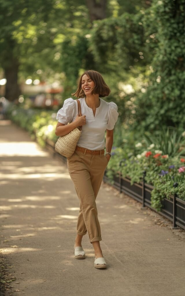 Model with brunette bob, photographed in a sunny park with stone pathways. She wears tan chinos with a soft white puff-sleeve blouse, espadrilles, and a woven handbag. Walking casually, candid laugh, breezy atmosphere.