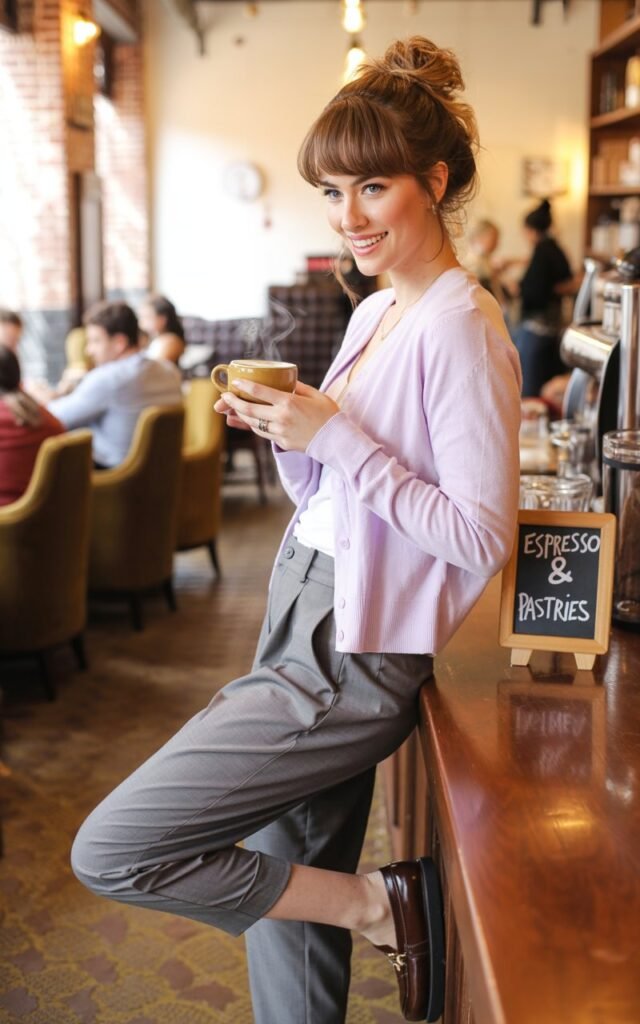 Model with brunette messy bun and soft fringe. Outfit pastel cardigan tucked slightly into sharp gray cigarette pants, paired with loafers. Setting cozy coffee shop interior with warm indoor light. Pose leaning against counter holding coffee cup with a relaxed smile.