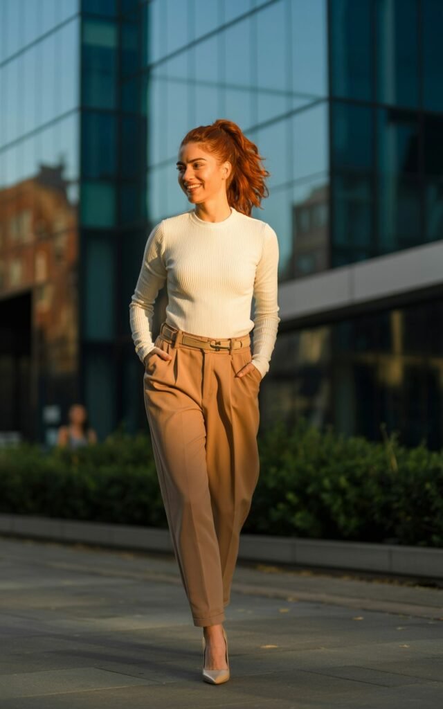 Model with chestnut hair in a high ponytail, photographed outdoors at sunset in front of glass buildings. She wears camel paperbag trousers with a cream fitted ribbed sweater tucked in, finished with pointed nude pumps. Walking forward, expression lively and friendly.
