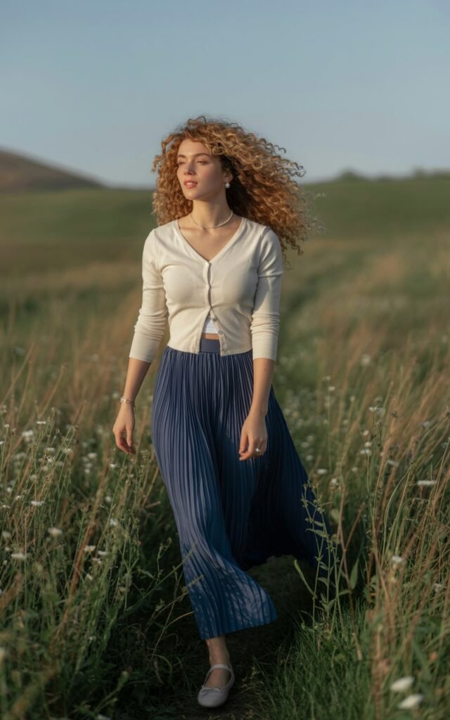 Model with curly honey-blonde hair, photographed outdoors in golden-hour nature setting. She wears a flowing navy pleated maxi skirt with a fitted cream cardigan tucked in, soft ballet flats, and delicate jewelry. Walking through grass, expression serene and dreamy.