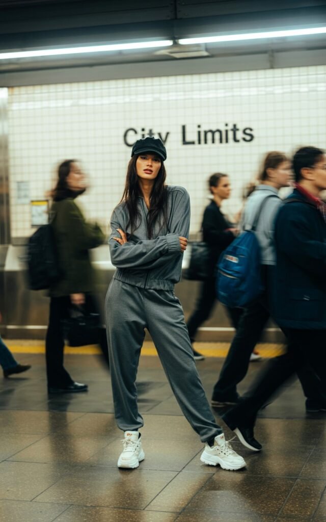 Model with dark straight hair tucked under a statement cap, dressed in a matching grey tracksuit and chunky sneakers. Shot in a subway station under bright artificial lights. She’s standing confidently with crossed arms, edgy and urban.