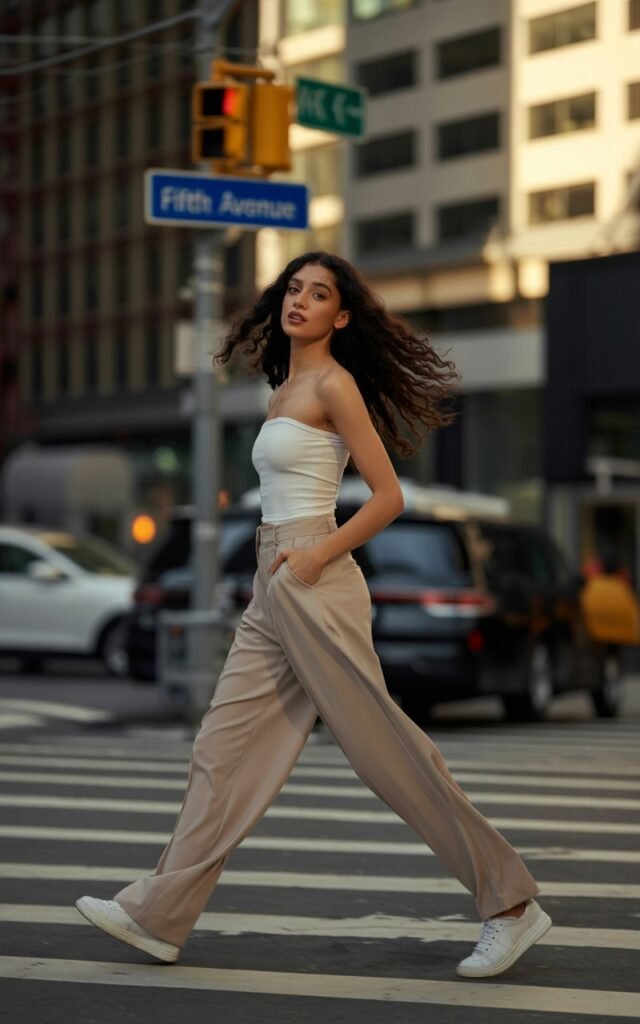 Model with dark wavy hair, styled in a fitted white tube top, beige wide-leg trousers, and sneakers. Shot on a city crosswalk at golden hour. She’s mid-stride, one hand in her pocket, looking effortlessly confident.