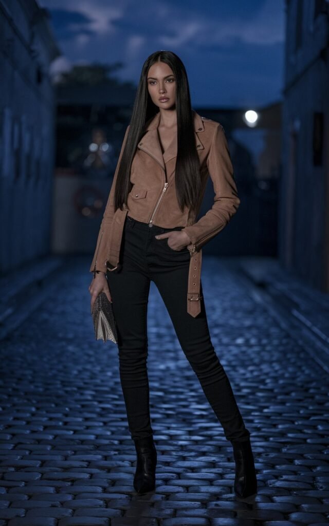 Model with glossy long hair, standing in a dim-lit cobblestone street at twilight. She wears a tan suede biker jacket, tucked black skinny jeans, and pointed ankle boots. Small clutch bag in hand. Confident pose, one hand in her pocket, moody cinematic atmosphere.