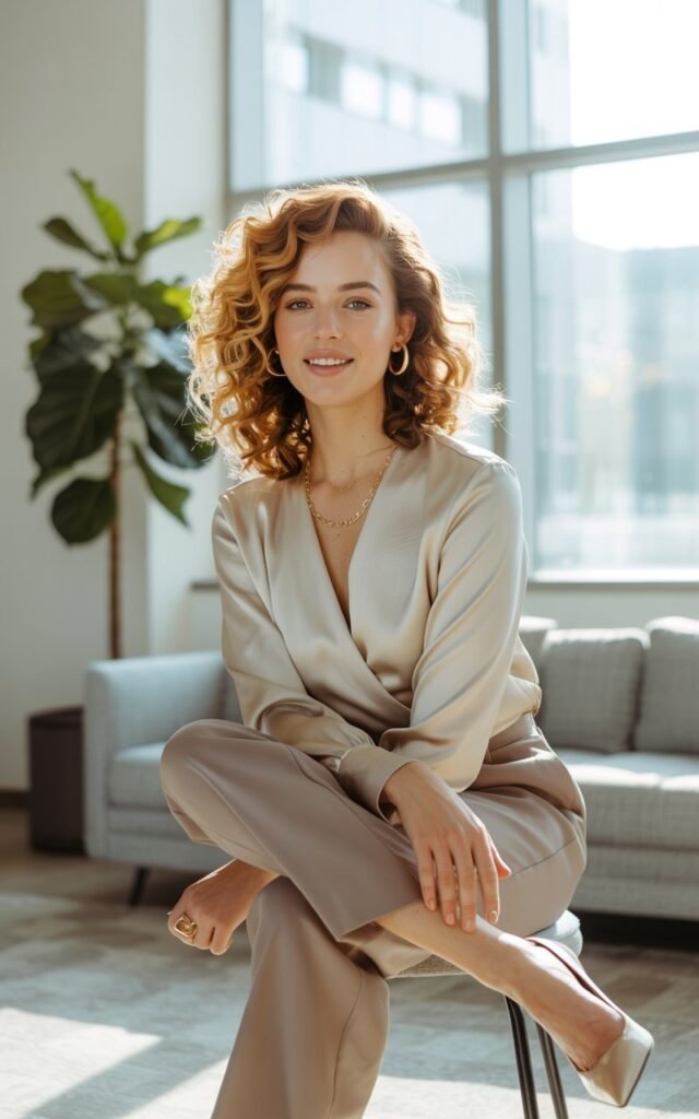 Model with golden blonde waves, posing in a sunlit office lounge. She wears a cream wrap blouse with taupe straight-leg trousers, nude heels, and minimal jewelry. Sitting comfortably, legs crossed, smiling warmly.