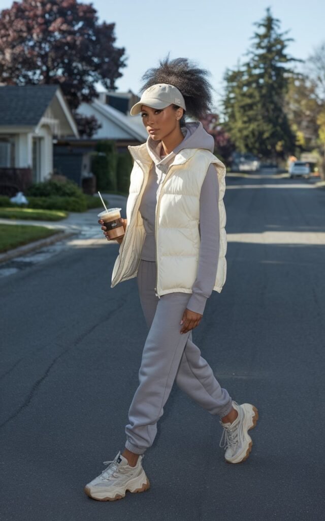Model with high ponytail, standing on a quiet suburban street in bright daylight. She wears a cream puffer vest over a fitted hoodie, gray joggers, and chunky sneakers. A baseball cap tops the look. She’s holding an iced coffee and walking toward the camera, casual and sporty expression.