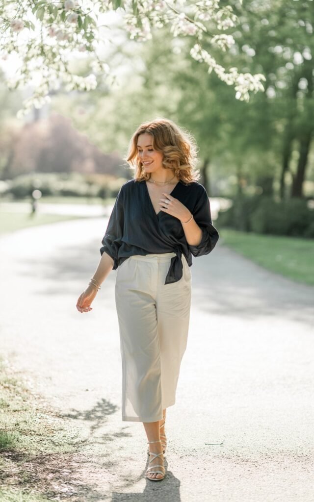 Model with light brown hair in loose curls, strolling through a sunlit park pathway. White culottes, navy wrap blouse, strappy sandals, and minimal jewelry. Walking mid-step, soft smile, carefree vibe.