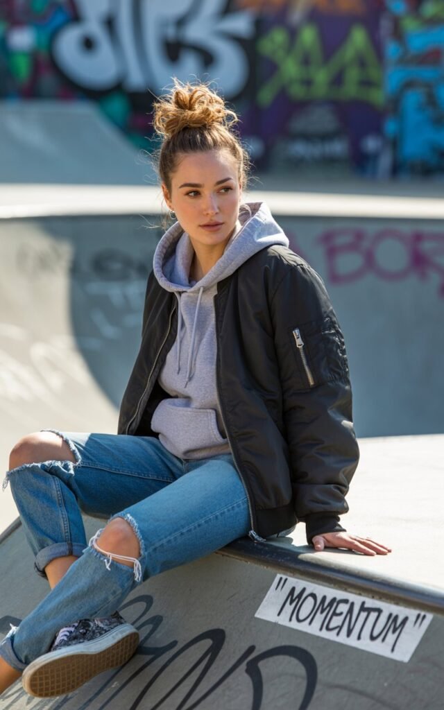 Model with light brown messy bun, wearing a grey hoodie layered under a black bomber, with ripped jeans and sneakers. Shot in an urban skatepark with daylight. She’s sitting on the edge of a ramp, gazing coolly to the side, casual yet trendy.